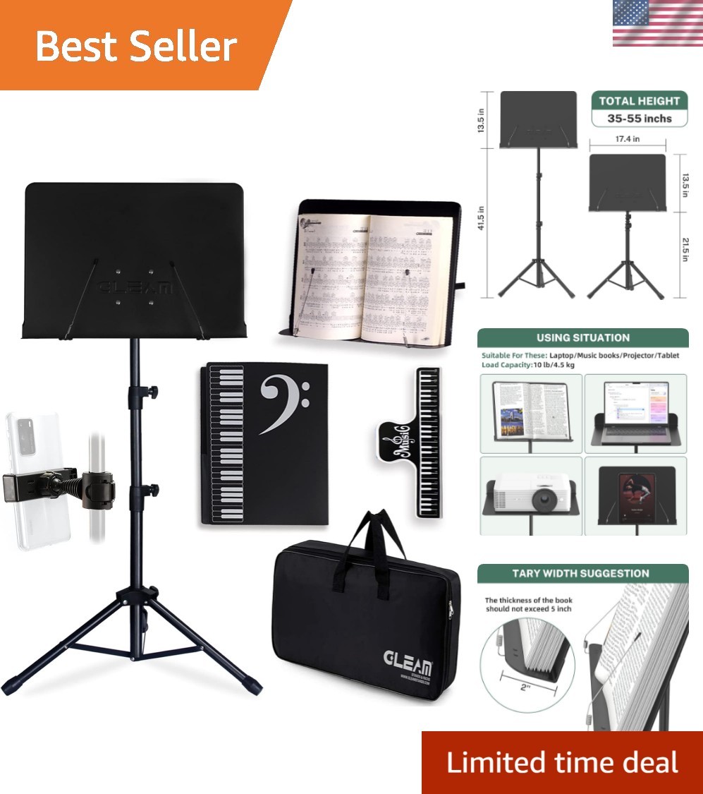 Sheet Music Stand - Full Metal with Carrying Bag, Phone Holder, Sheet Music F...