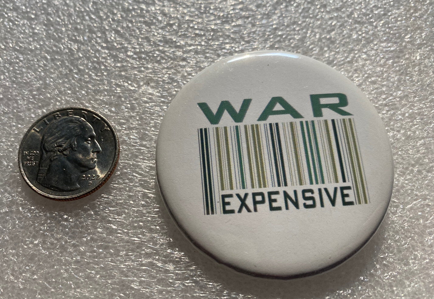 WAR EXPENSIVE Barcode Logo Icon Label pinback button pin 2 3/16"