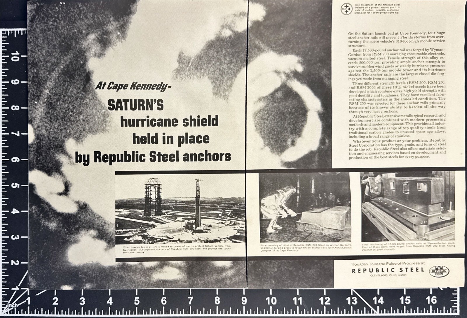 Republic Steel Cape Kennedy Saturn V Hurricane Shield 2 Page Print Ad 1965