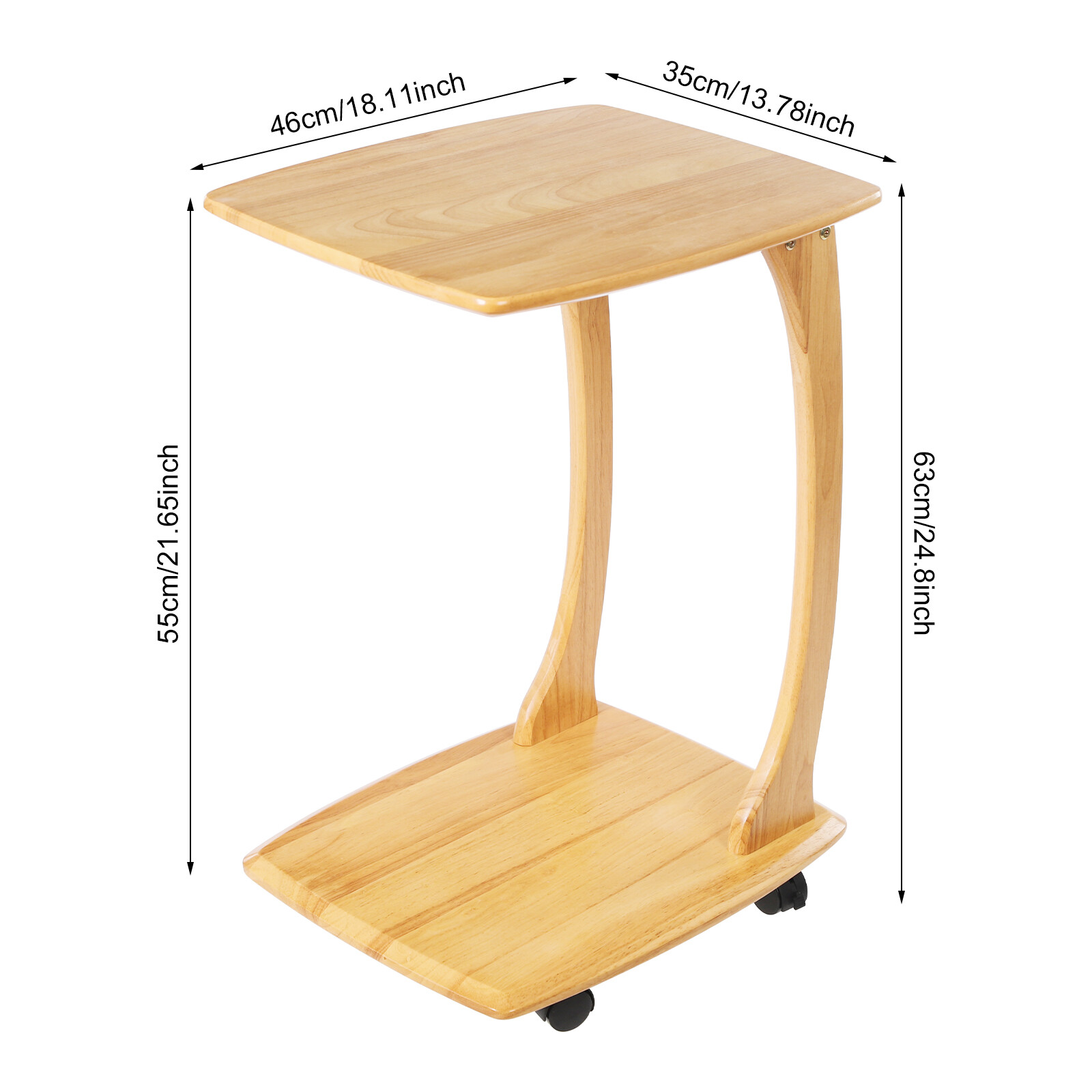 C-Shaped Side Table Floor Standing Solid Wood End Table With Wheels 24.8 inches
