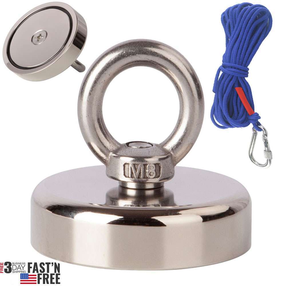 400LBS Fishing Magnet with Rope Carabiner Kit Strong Round Neodymium Pull Force