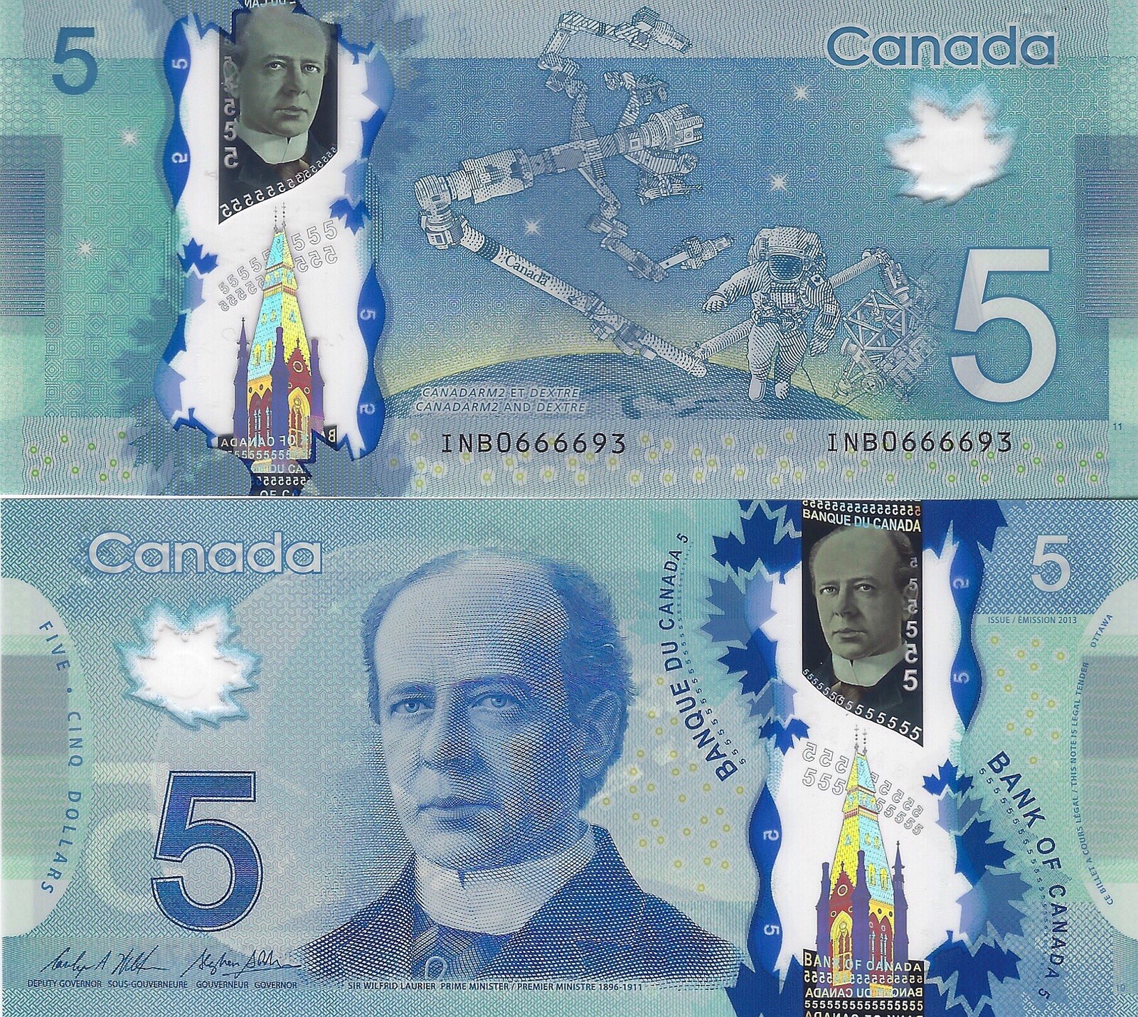 CANADA POLYMER 5 DOLLARS 2013 WILKINS-POLOZ INB PREFIX GEM UNC