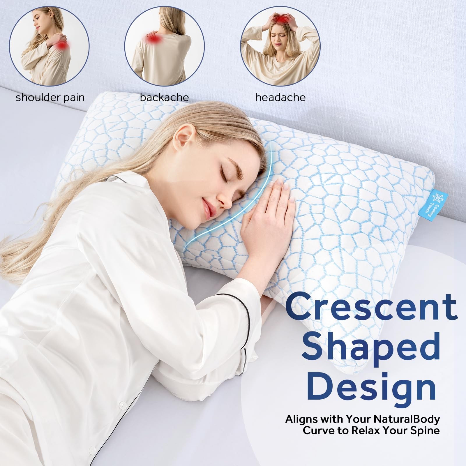 Cooling Side Sleeper Pillow for Neck and Shoulder Pain Relief, Adjustable Cur.
