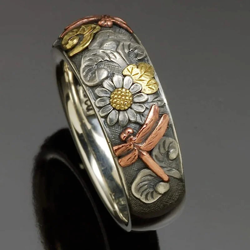 Flower Rings Dragonfly Sunflower Carved Metal Engagement Wedding Women Jewelry