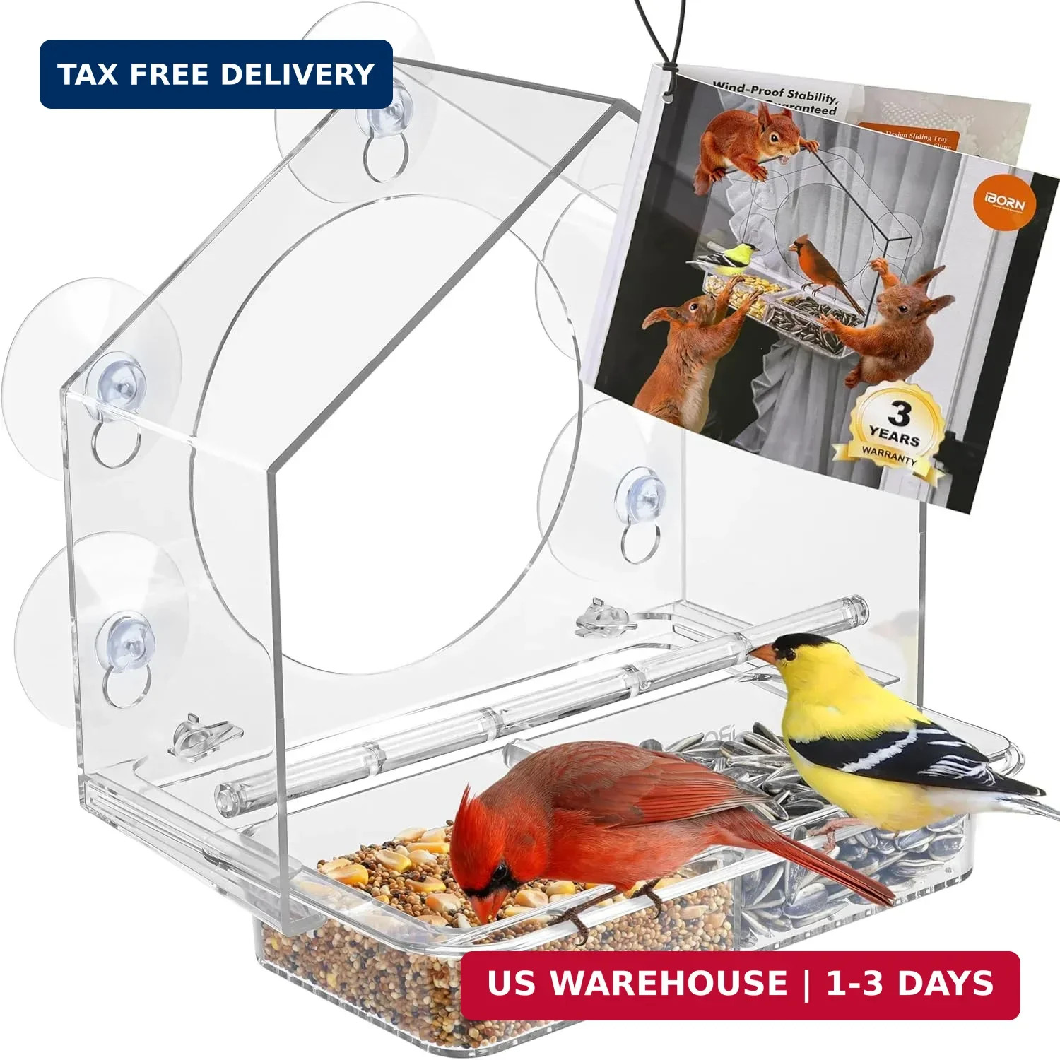 2026 New Window Bird Feeders for Outdoors Wind-Proof Tray Lock,Cardinal Bi