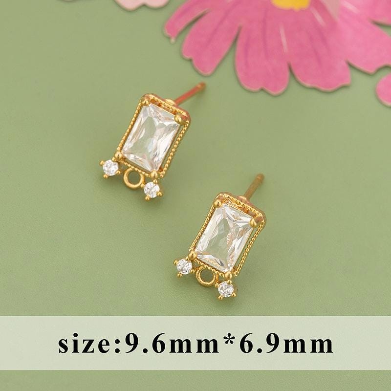 1Pair 18K Gold Plated Cubic Zirconia Rectangle Stud Earrings Component GCR506