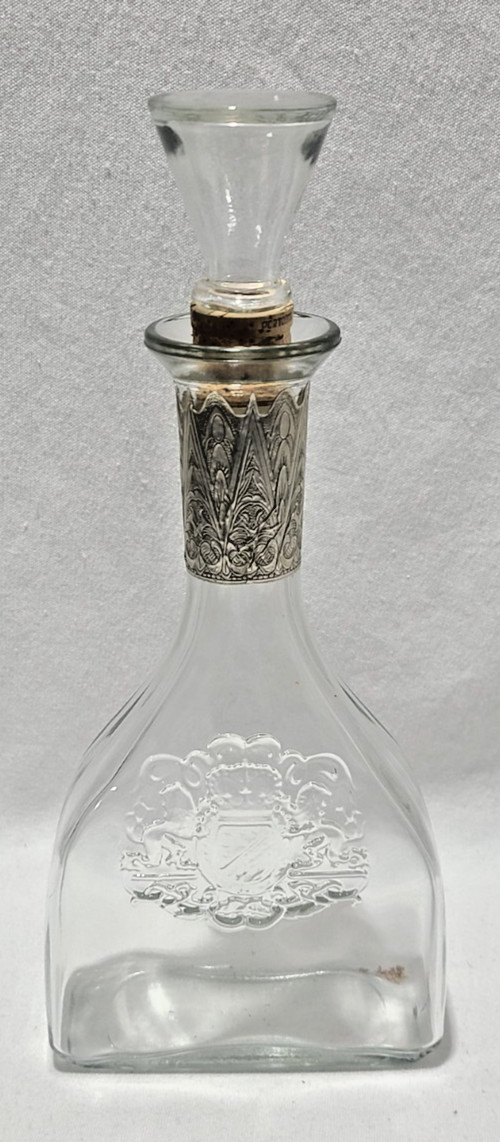 Vintage Clear Glass Embossed Liquor Bottle with Stopper