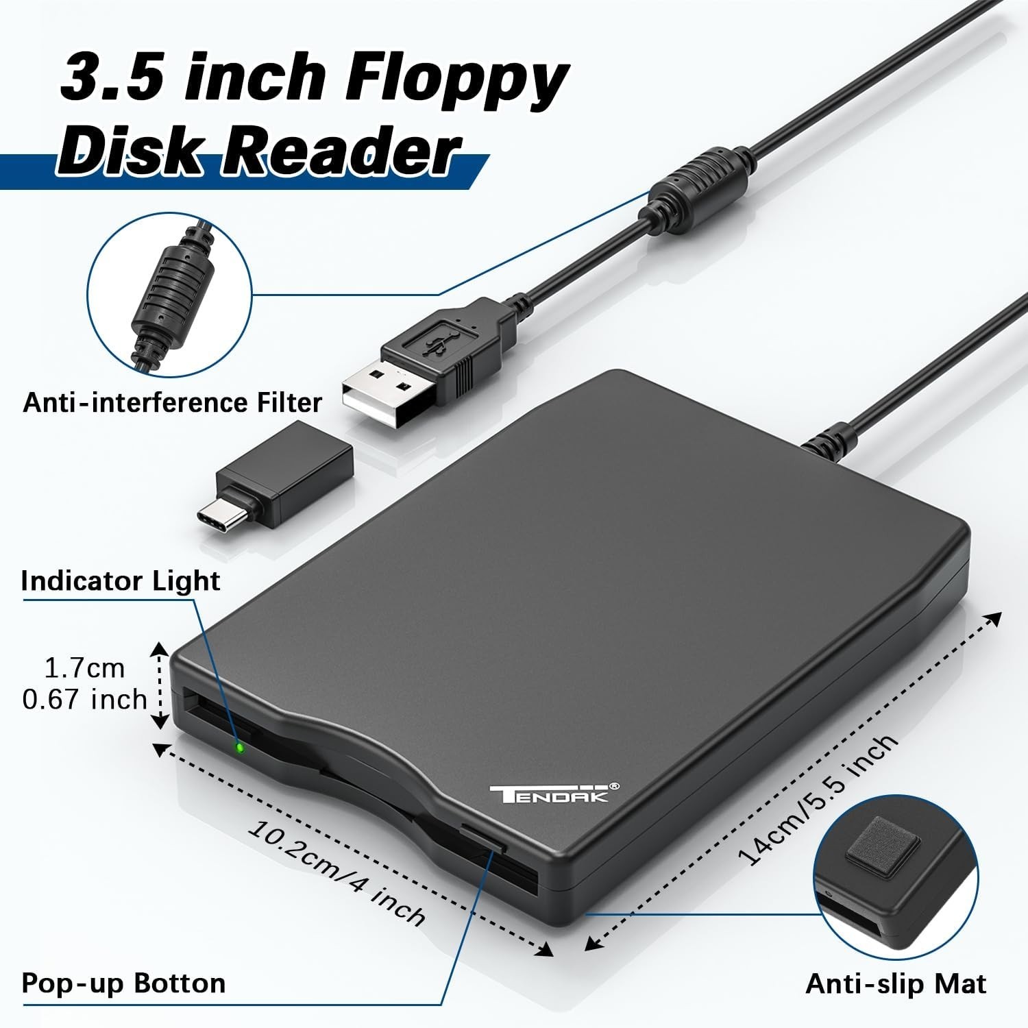 USB Floppy Disk Drive, Floppy Disk Reader 3.5 inch Portable USB External 1.44...