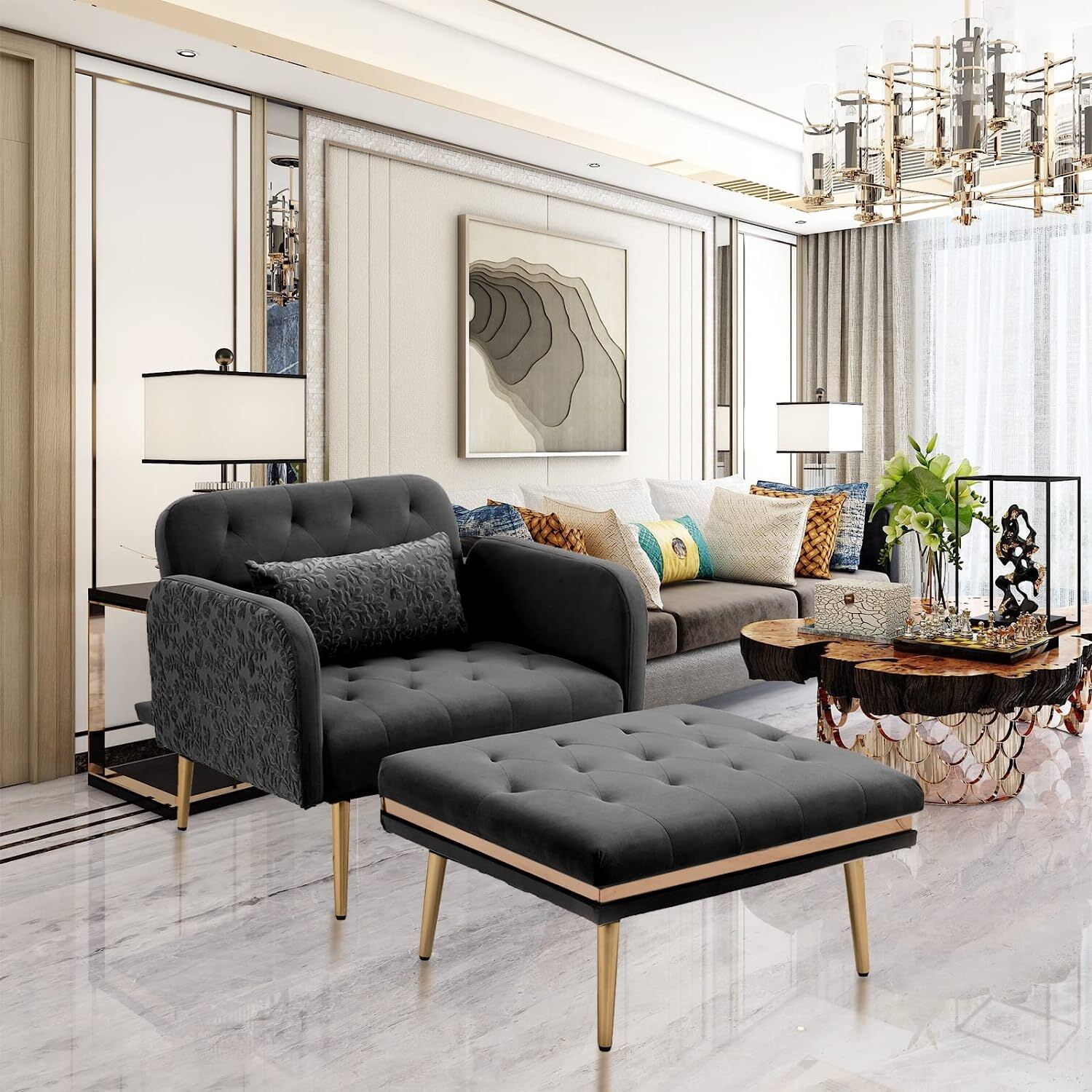 Velvet Accent Chair & Ottoman Set Recliner Chairs for Bedroom Living Room Office