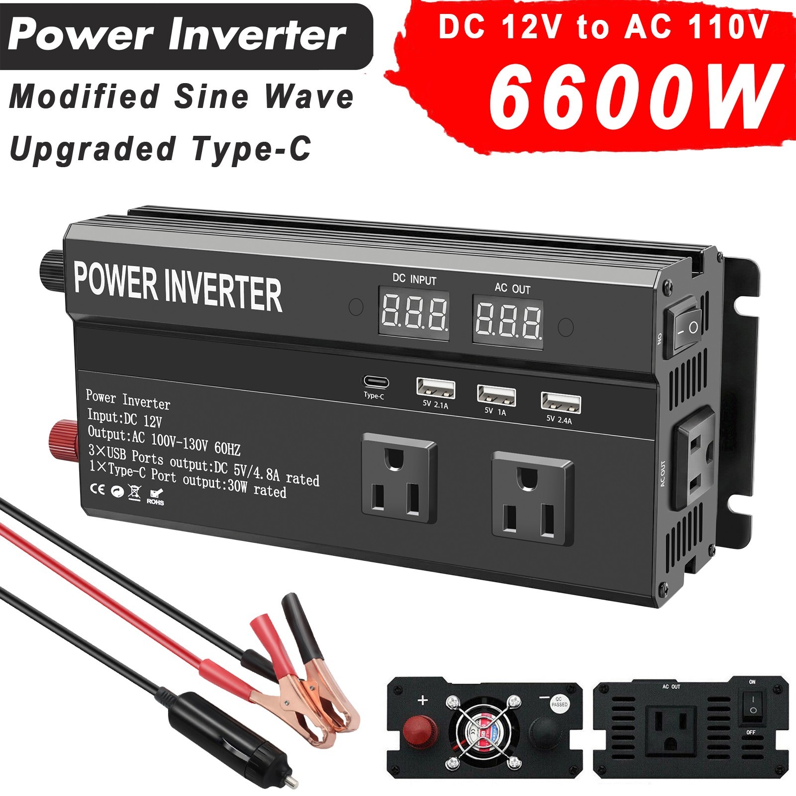 6600/9900W Car Power Inverter, DC 12V to AC 110V Upgrade Type-C & USB Fast Charg