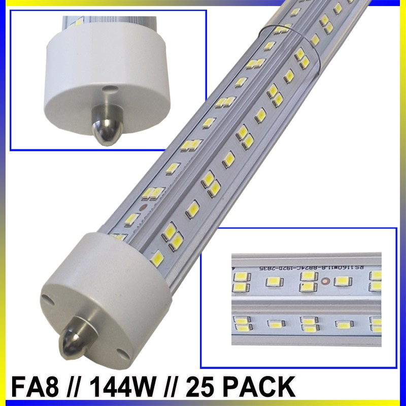 25 Pack 8FT FA8 Single Pin Led Tube Light Bulbs 144W 8Foot Led Shop Lights 6500K