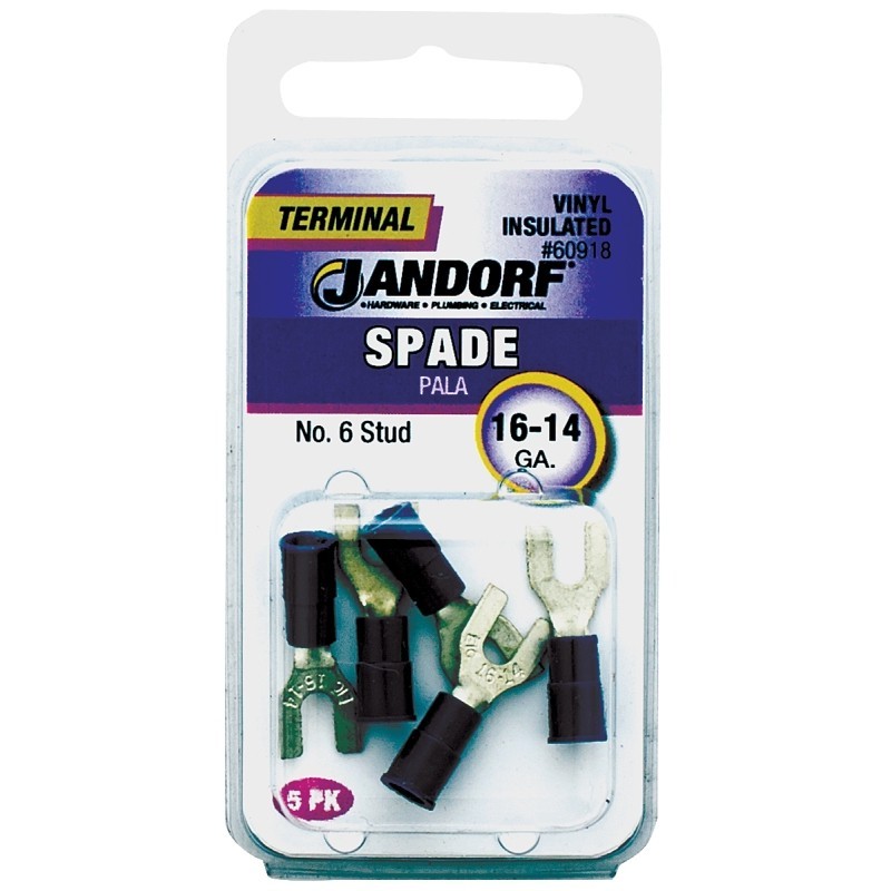 Jandorf 60918 Spade Terminal, 600 V, 16 to 14 AWG Wire, #6 Stud, Vinyl Insulatio