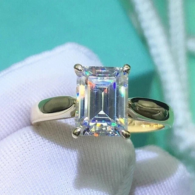 2CT Emerald-Cut VVS1 Moissanite Solitaire Engagement Ring 14K Yellow Gold Plated