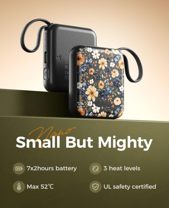 Calentador de manos recargable UT5 Nano, diseño floral, compacto y 14 h uso
