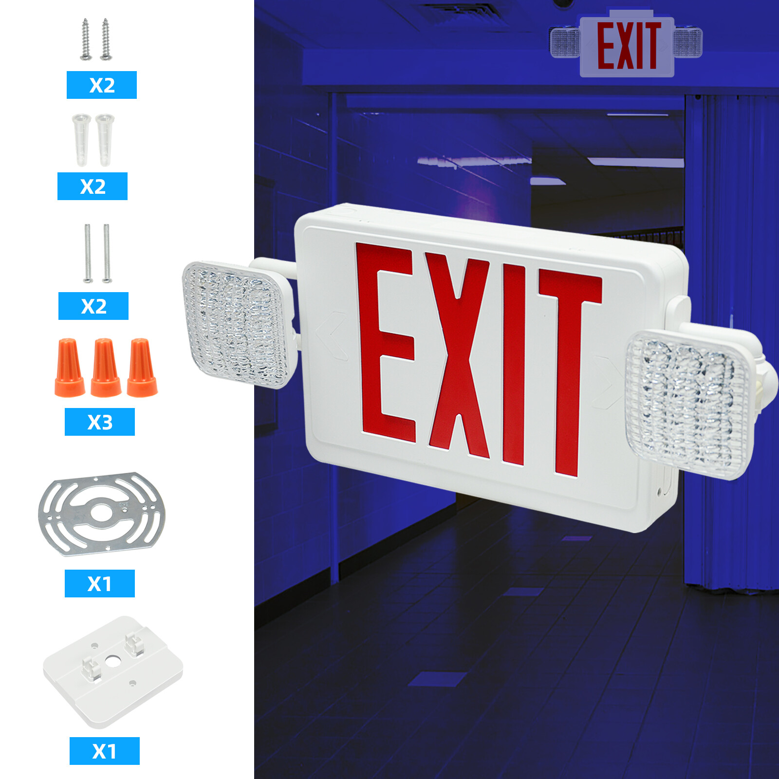 LED Exit Sign Emergency Combo Light with Adjustable Two Head Battery Backup US