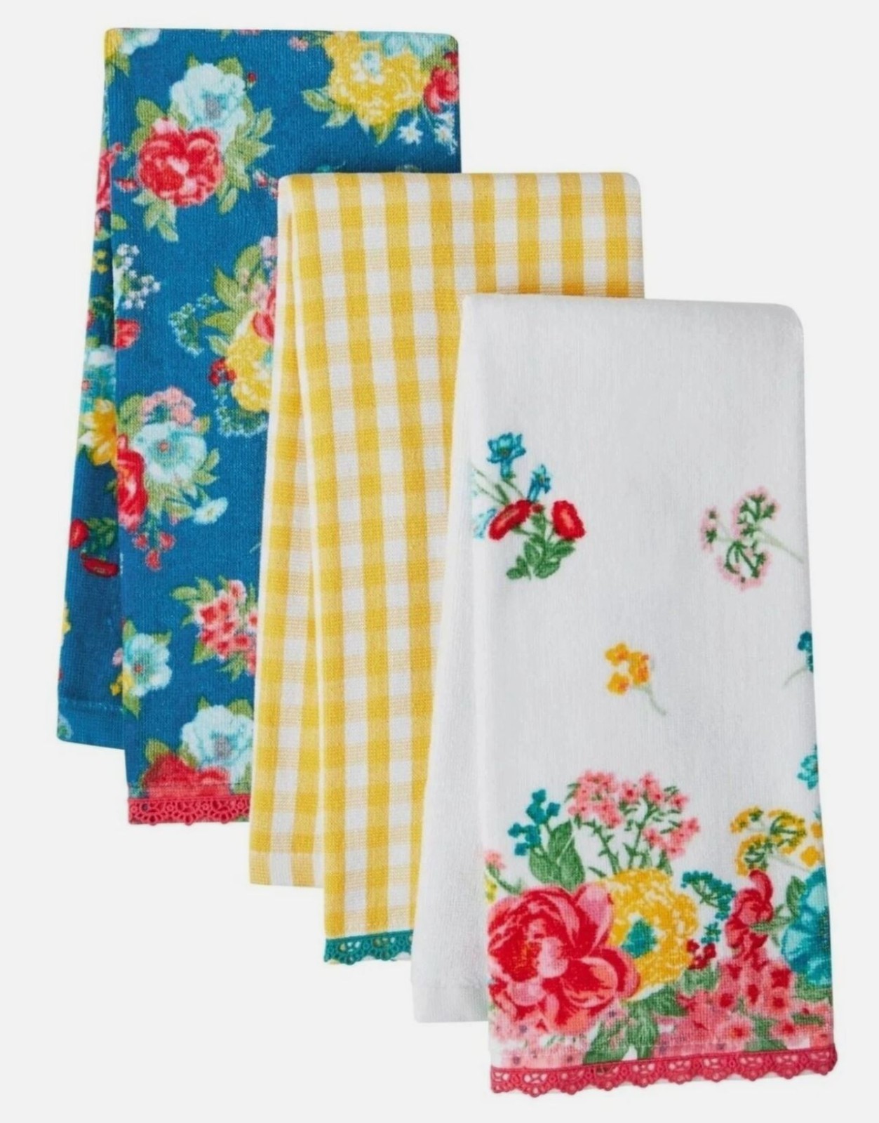 Pioneer Woman Fancy Flourish Kitchen Towels Country Farmhouse Lace Edge 3-pc NEW