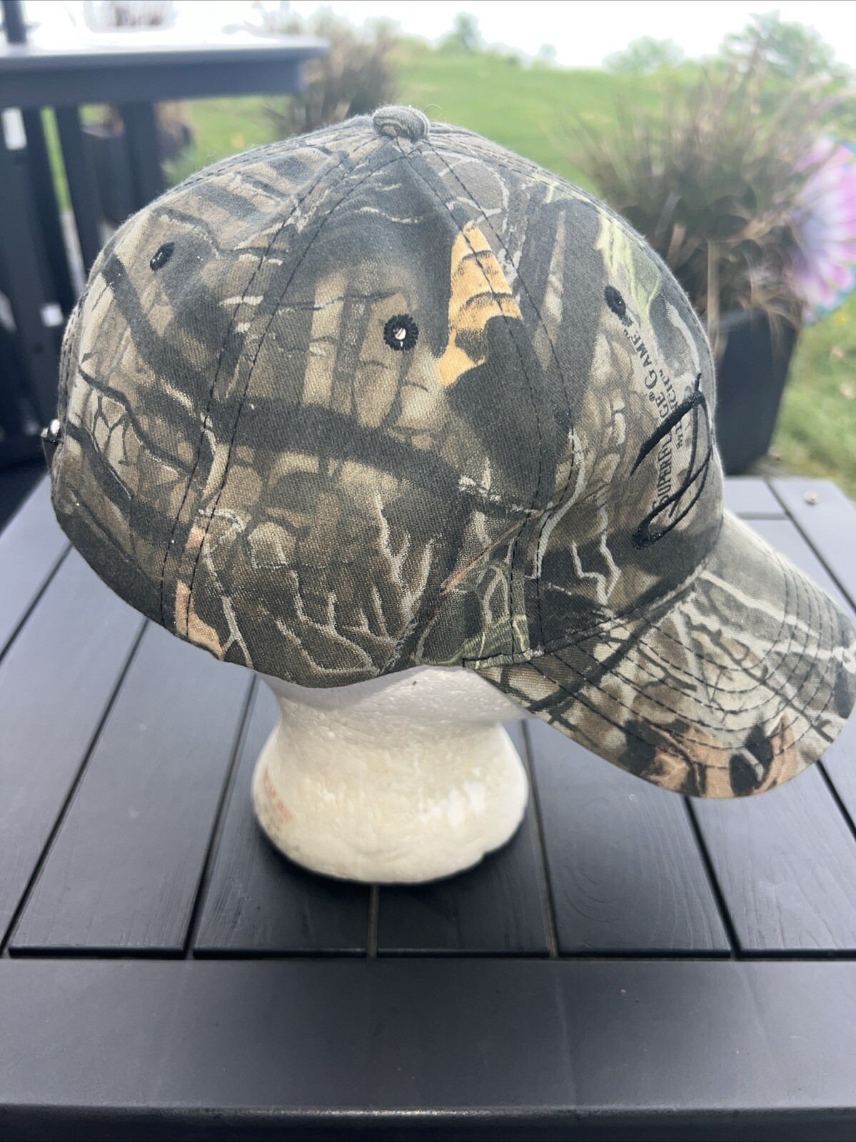 Danfloss Black Script on Camouflage Hat Cap Greens Brown Strap Buckle EUC