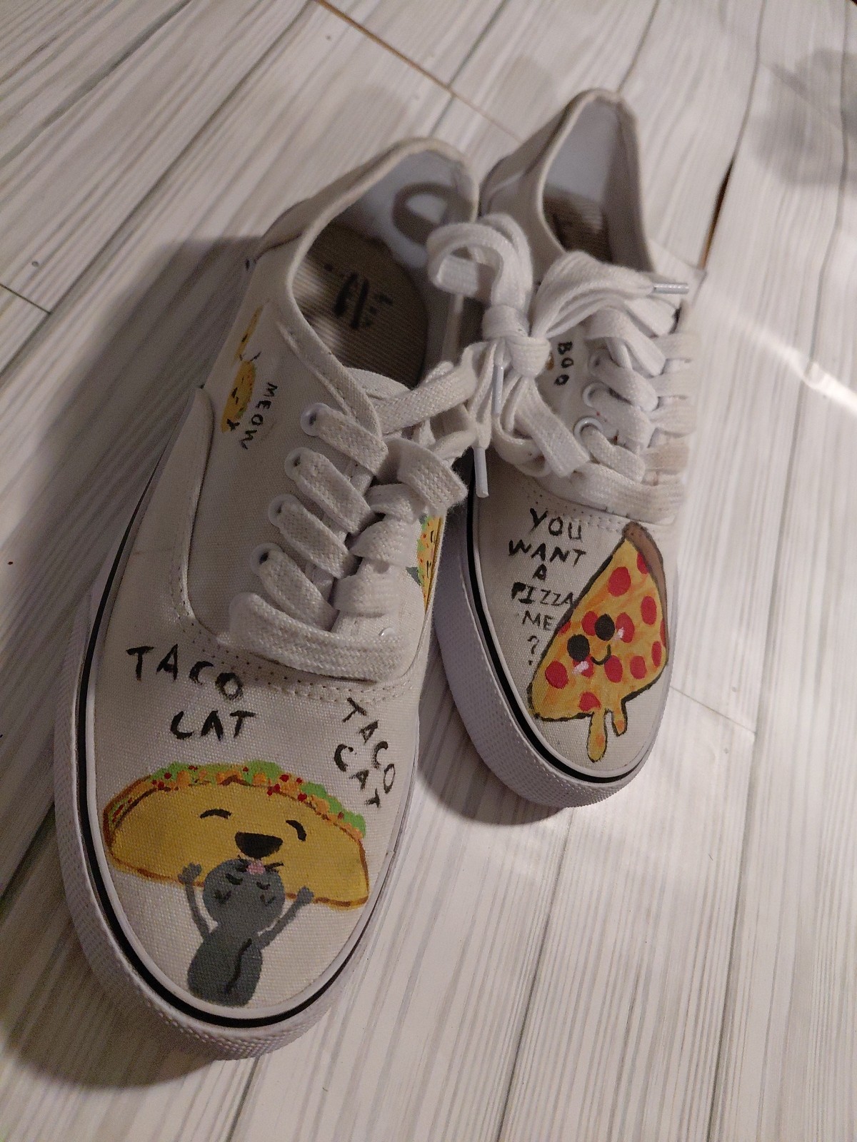 A NewDay Women Sz7 Hand Painted Comfort Shoes Taco And Pizza Lovers Art In Shoes