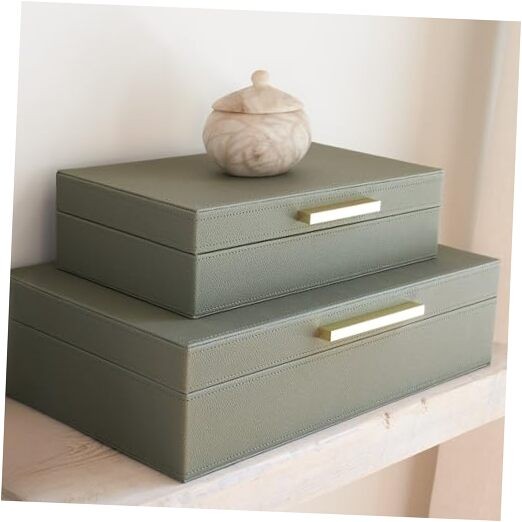 Decorative Storage Boxes with Lids – Set of 2 Beautiful PU Leather Sage