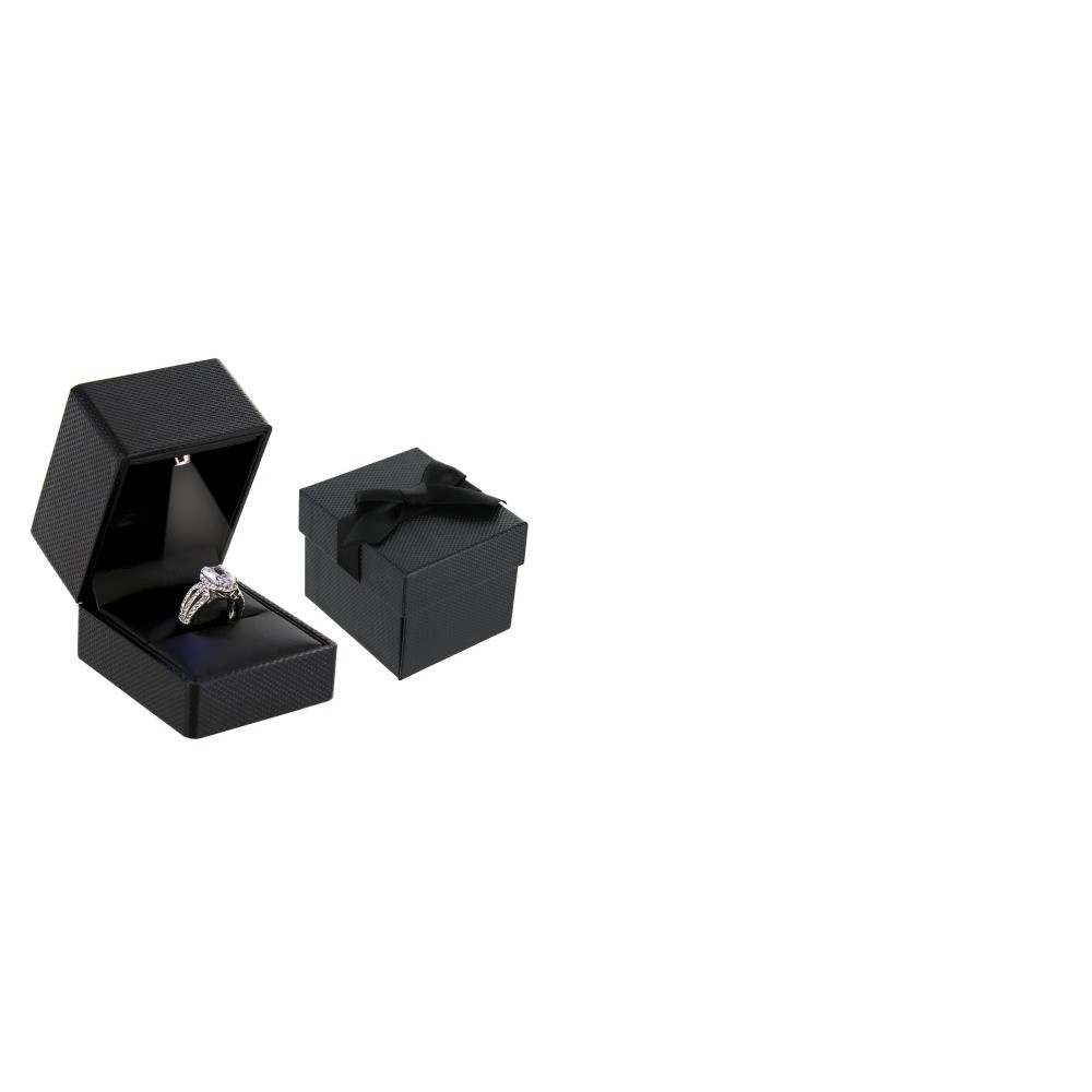 2 LED Black Ribbon Ring Box – Pebble Texture with Black Faux Leather Interior