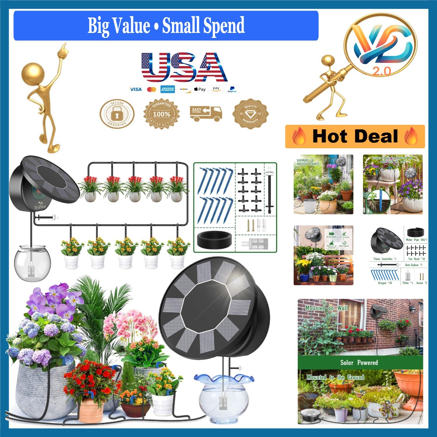Solar Drip Irrigation Kit 10M Hose Automatic Watering with 9 Modes
