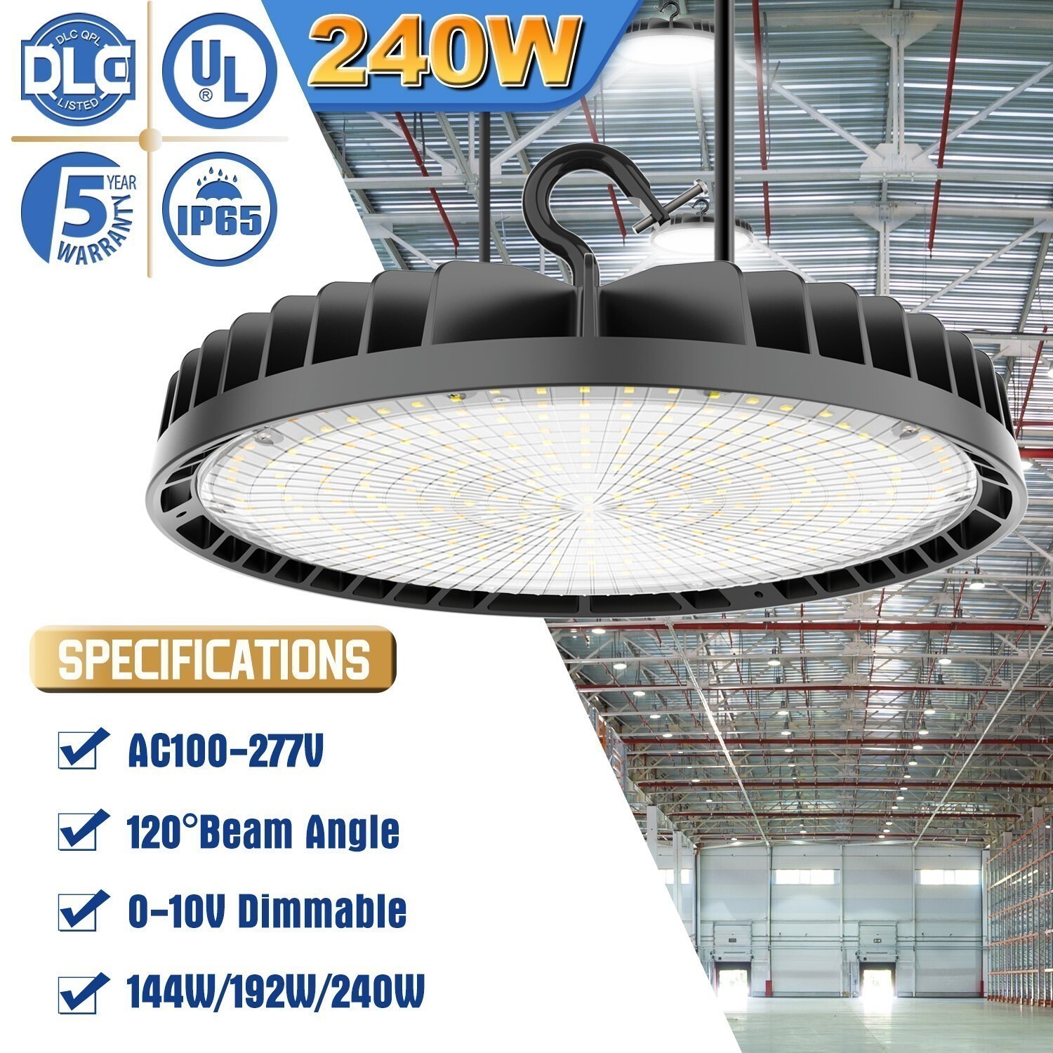 Commercial UFO Led High Bay Light 240W Warehouse Factory Lighting Dimmable 5000K