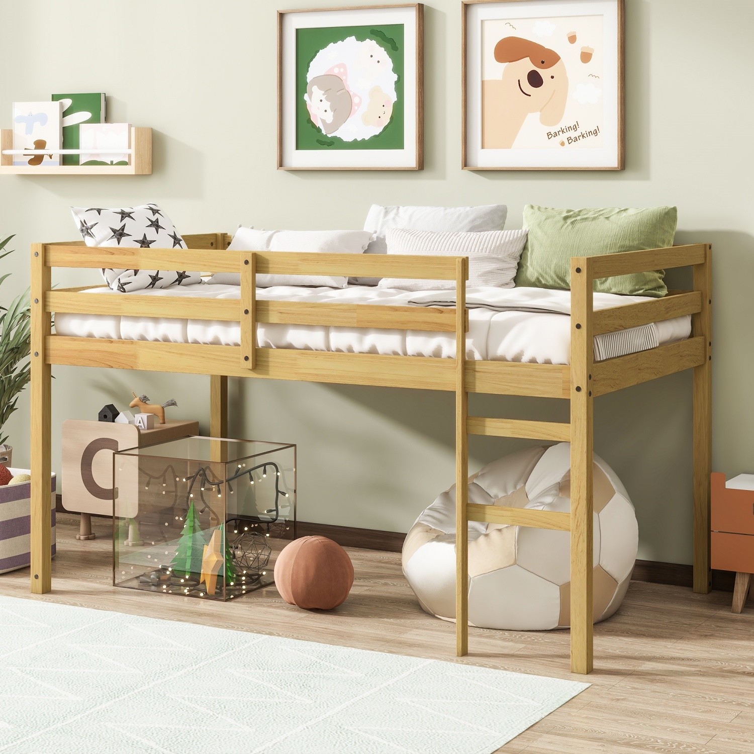 Twin Size Wooden Loft Bed Frame w/ Ladder & Strengthened Slats for Kids Teens