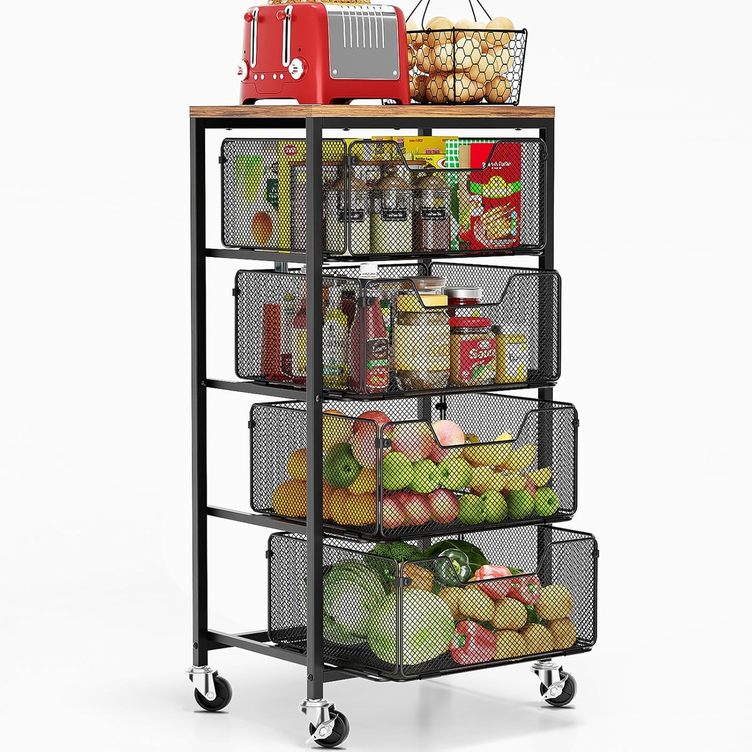 4-Tier Rolling Kitchen Cart with Lockable Wheels & Wooden Top - Black Organizer