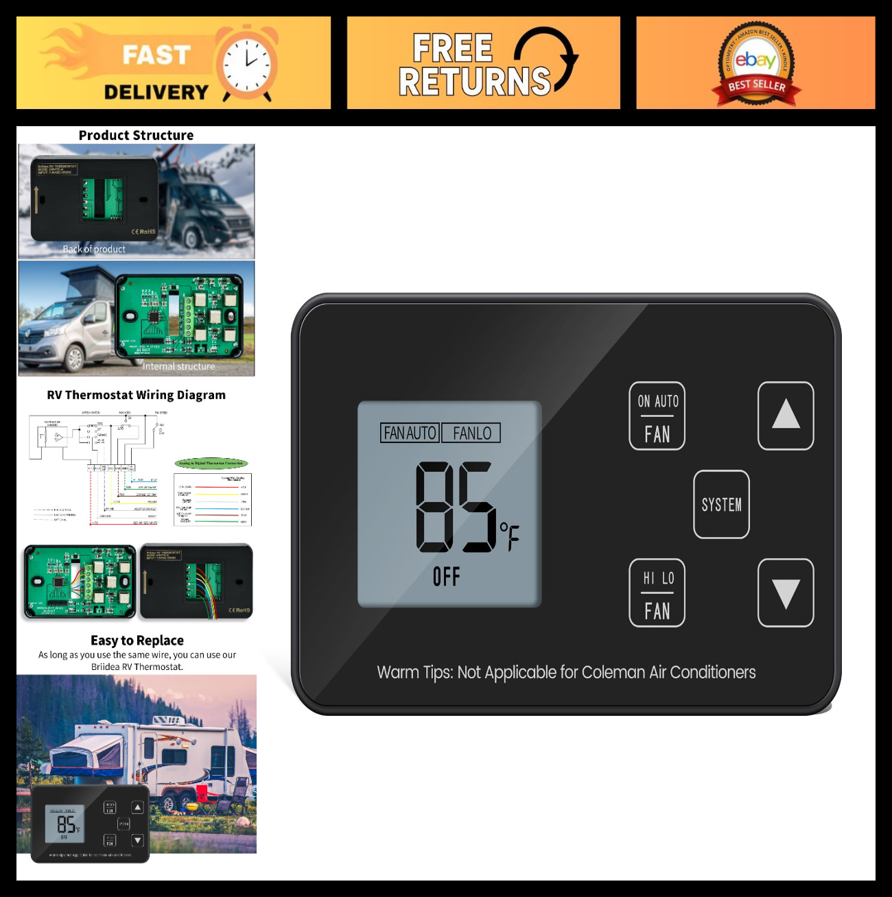 Digital RV Thermostat for Cool/Heat, LCD Screen, 12V DC, Compatible with Dometic