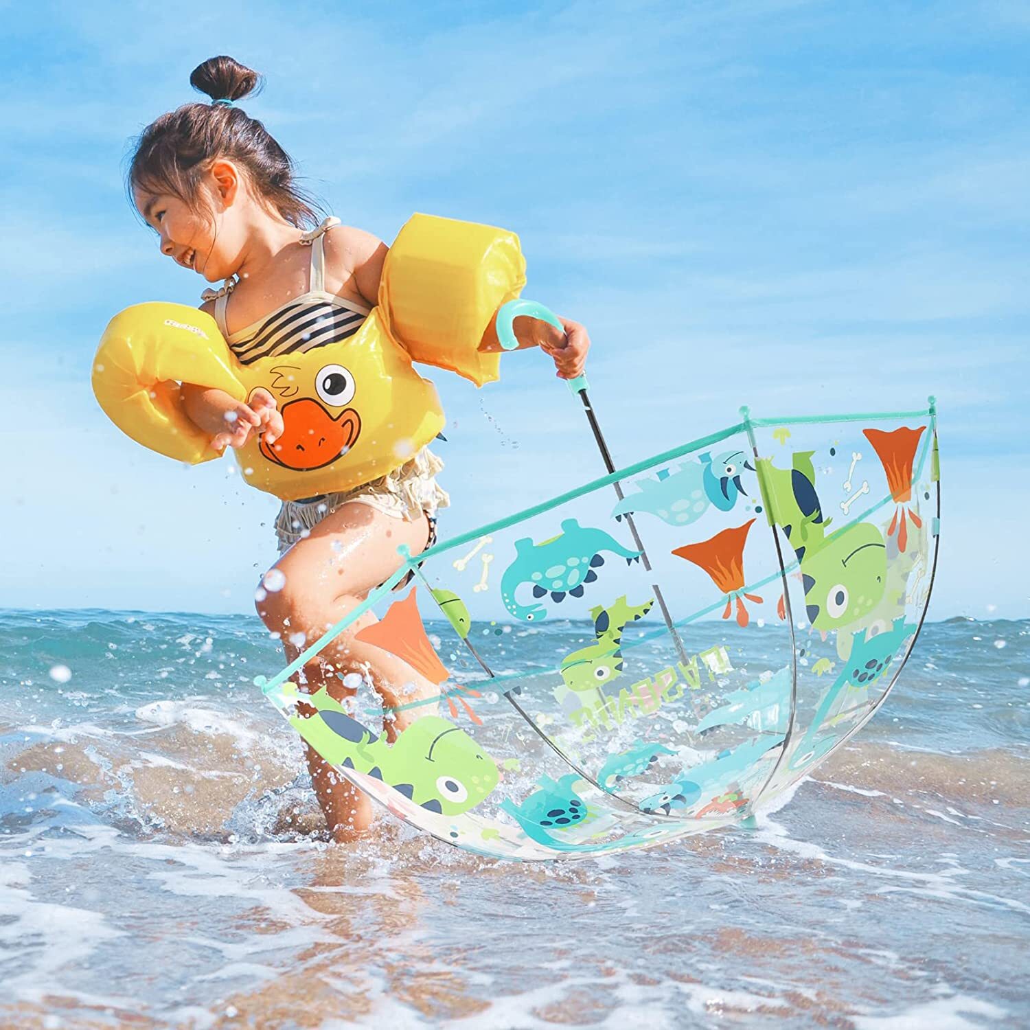 Kids Clear Transparent Easy Grip Handle Dome Bubble Kids Umbrella DINOSAUR