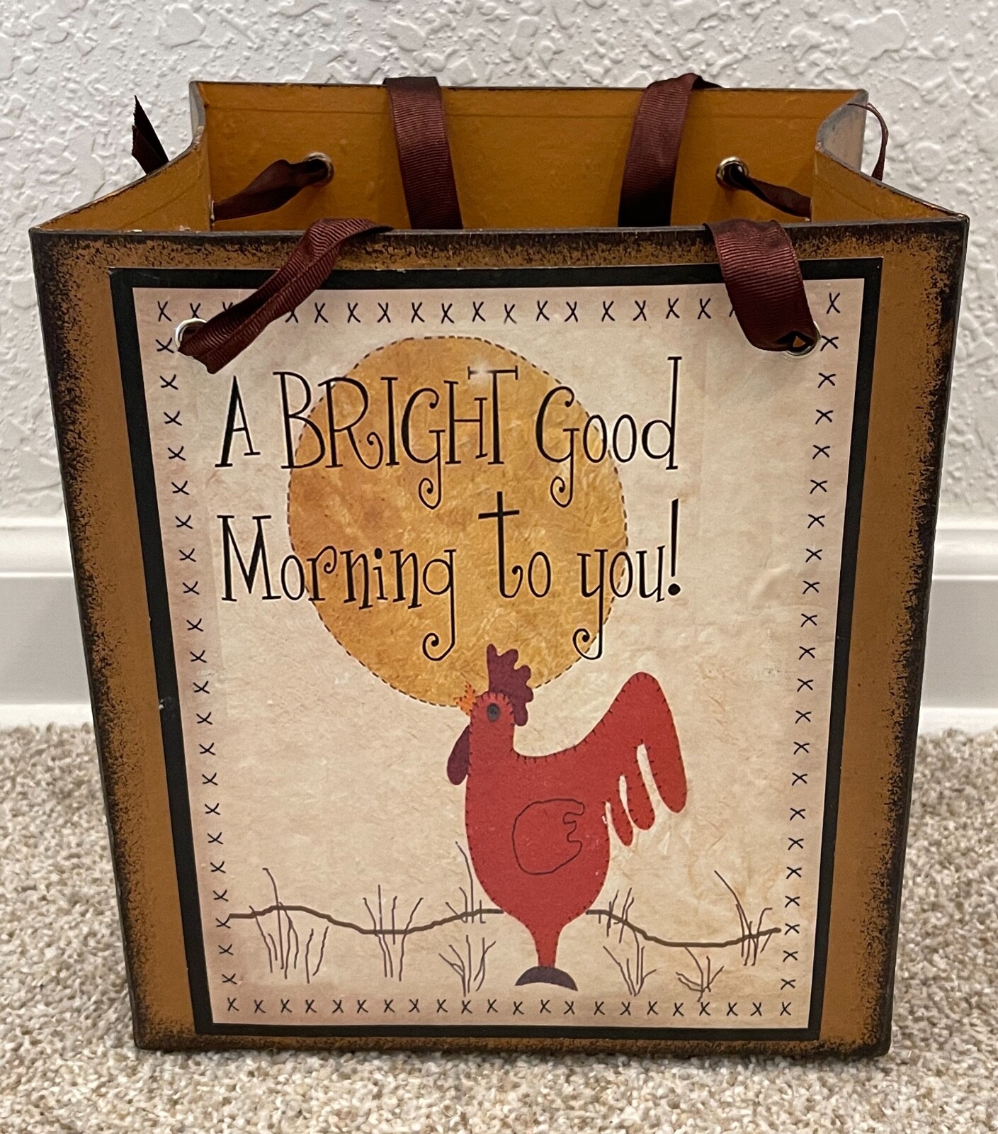 Thick Molded Paper Mache "A Bright Good Morning To You" Rooster Gift Bag/Basket