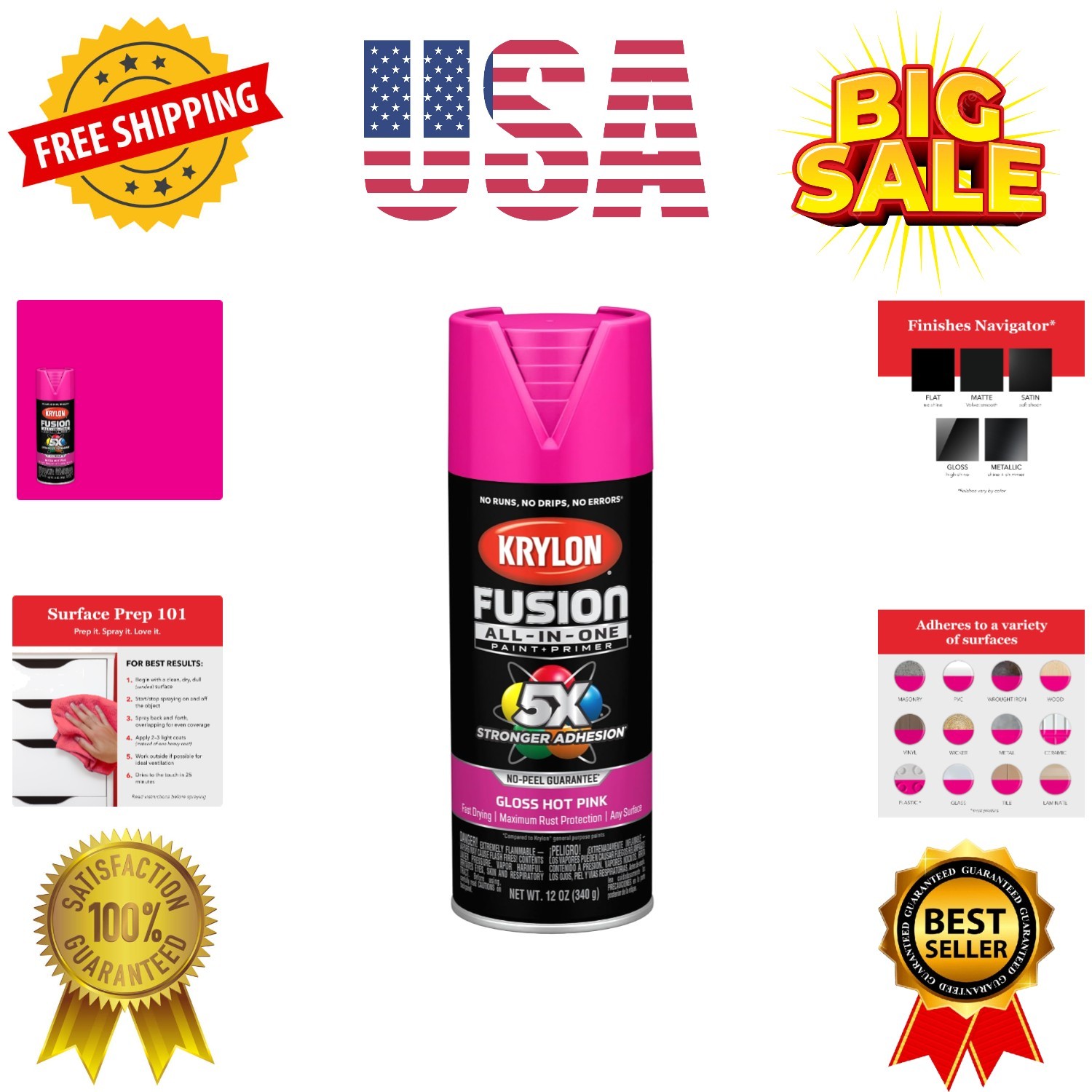 Fusion All-In-One Adhesive Spray Paint for Indoor/Outdoor Use, 12 oz, Hot Pink