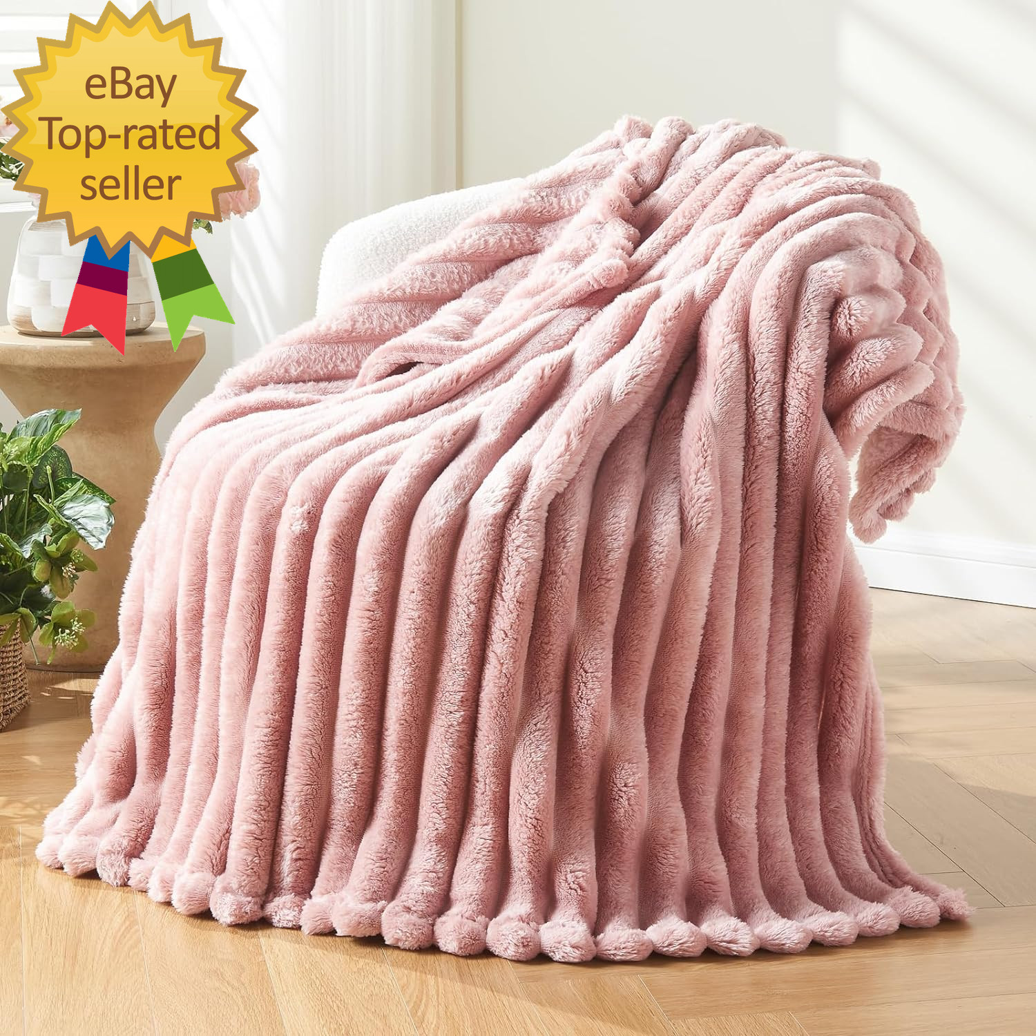 Super Soft Throw Blanket Pink Premium Silky Flannel Fleece 3D Ribbed Jacquard