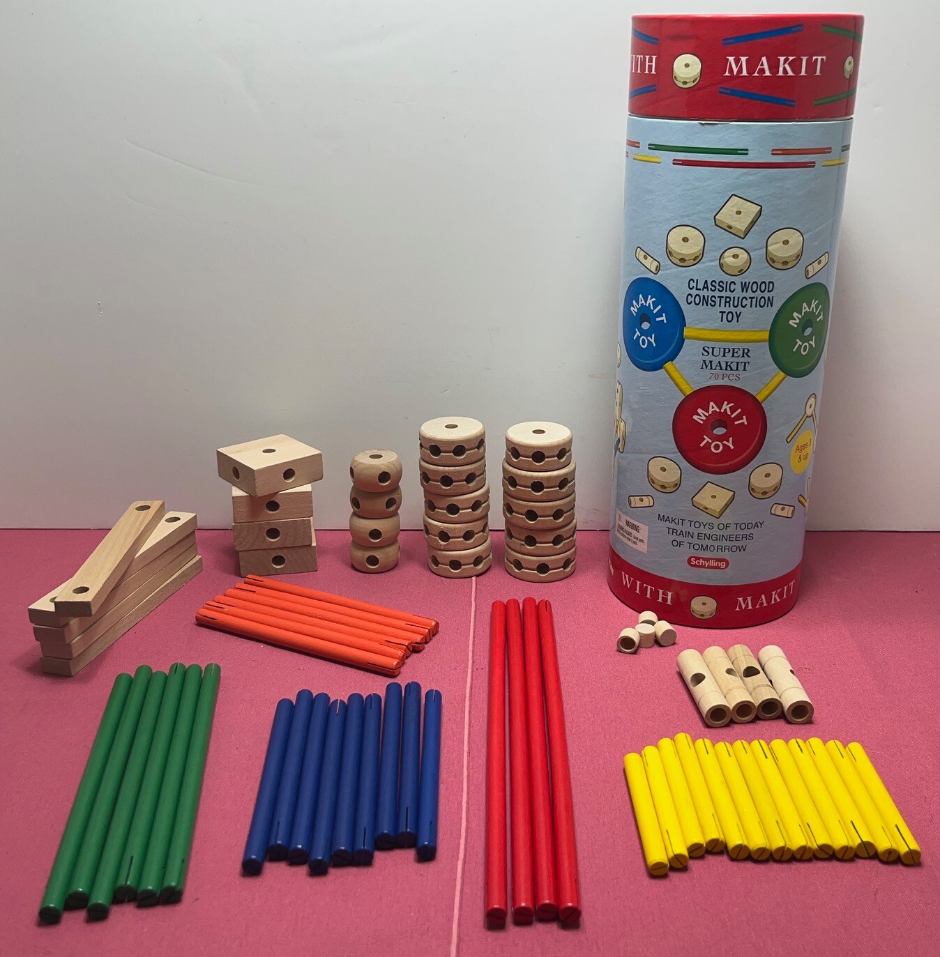 Schylling Makit Classic Wood Construction Toy Kit 68 of 70 Pieces Mint Condition