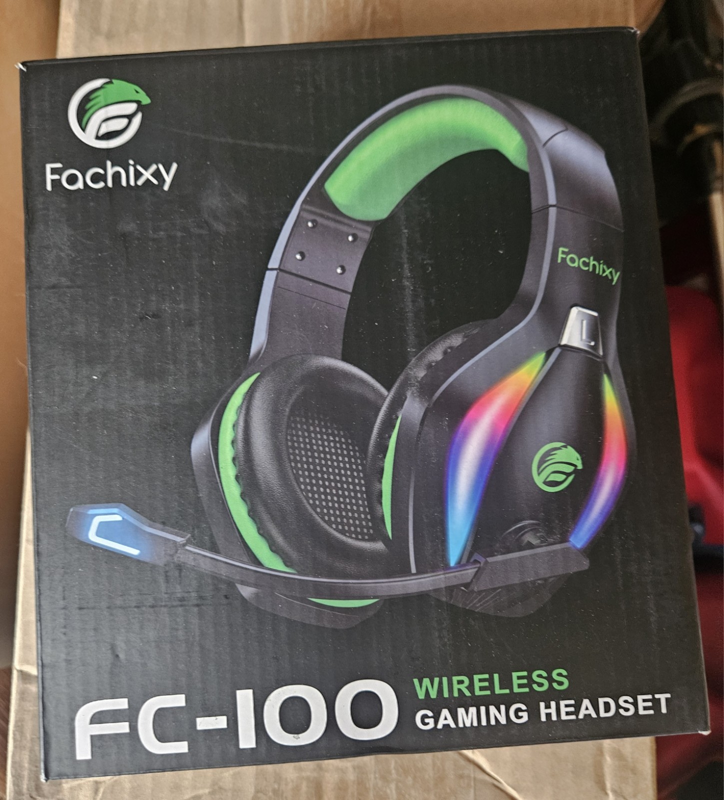 DEAL!! Fachixy FC-100 Wireless Gaming Headset RGB Boom Mic Black Green Over-Ear