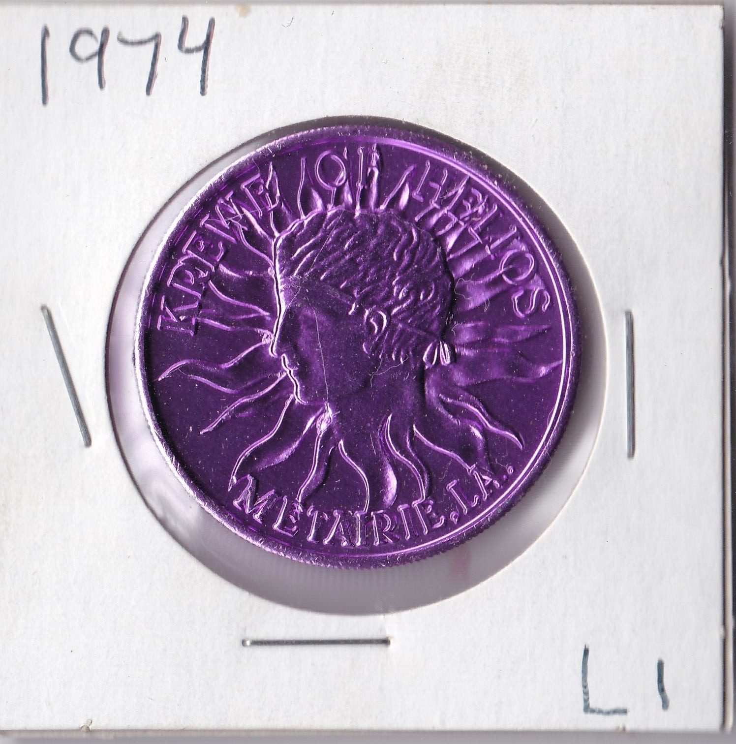 1974 Mardi Gras DOUBLOON  KREWE OF HELIOS  METAIRIE, LA  (Purple L1)