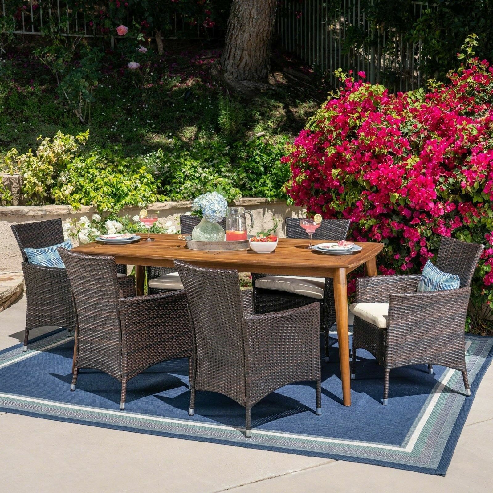 Matthew Outdoor 7 Piece Multibrown Wicker Dining Set with Teak Finish Rectangula
