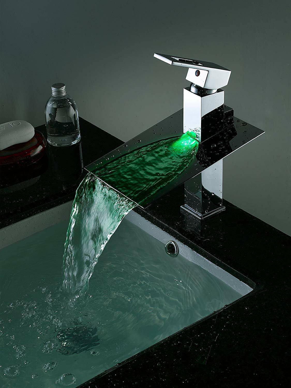 Cascada Toscana LED Waterfall Vessel Sink Faucet Chrome Deck Mount 1-Hole
