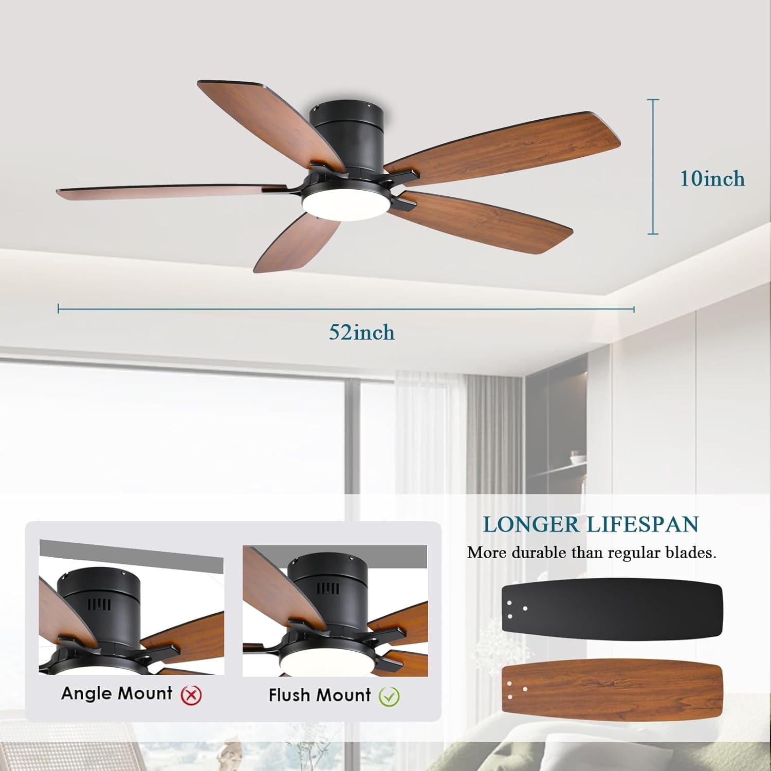 Ceiling Fans with Lights, 52 inch Low Profile Light, Remote Control, Flush Mount