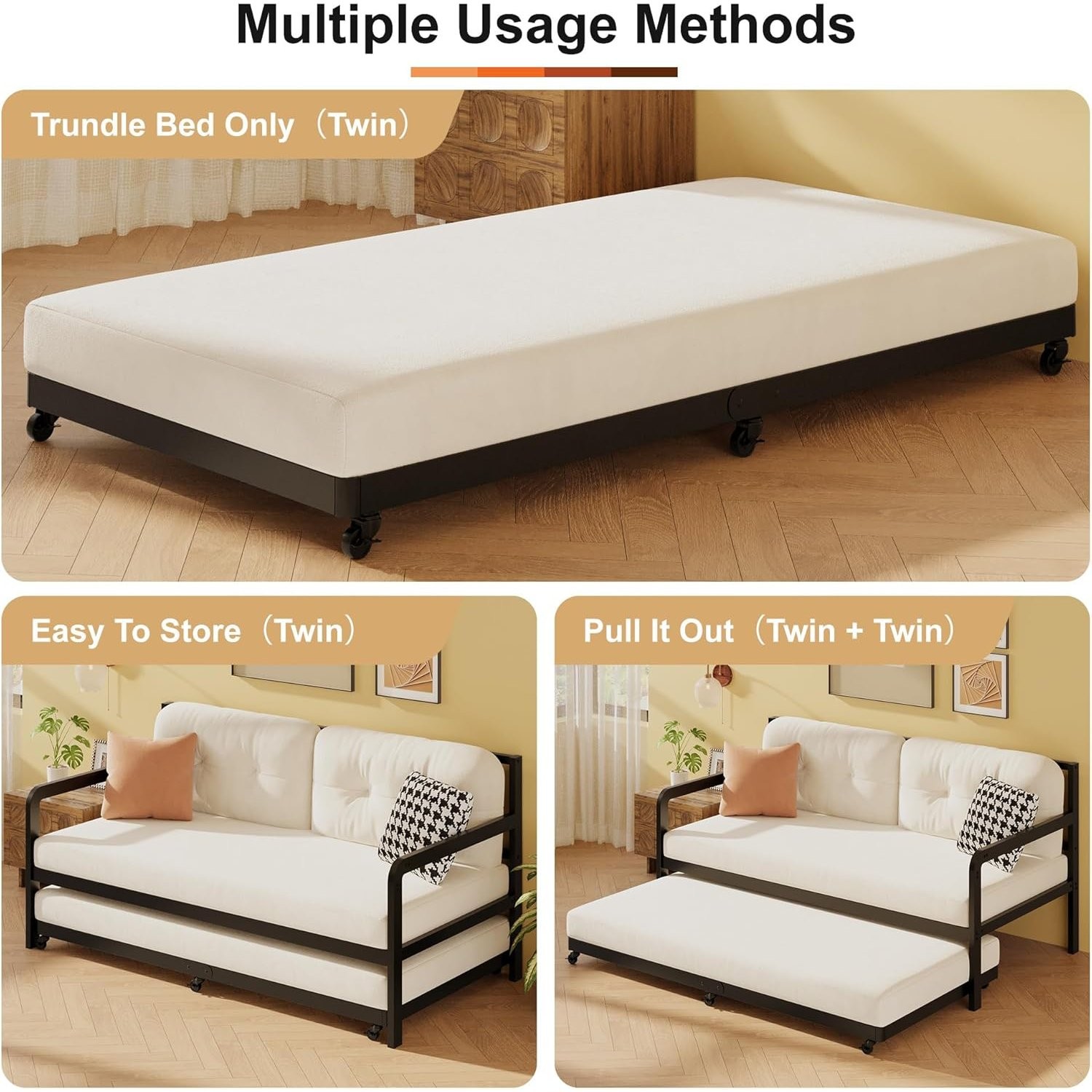 Black Twin Trundle Bed with Lockable Casters for Easy Storage and Convenience