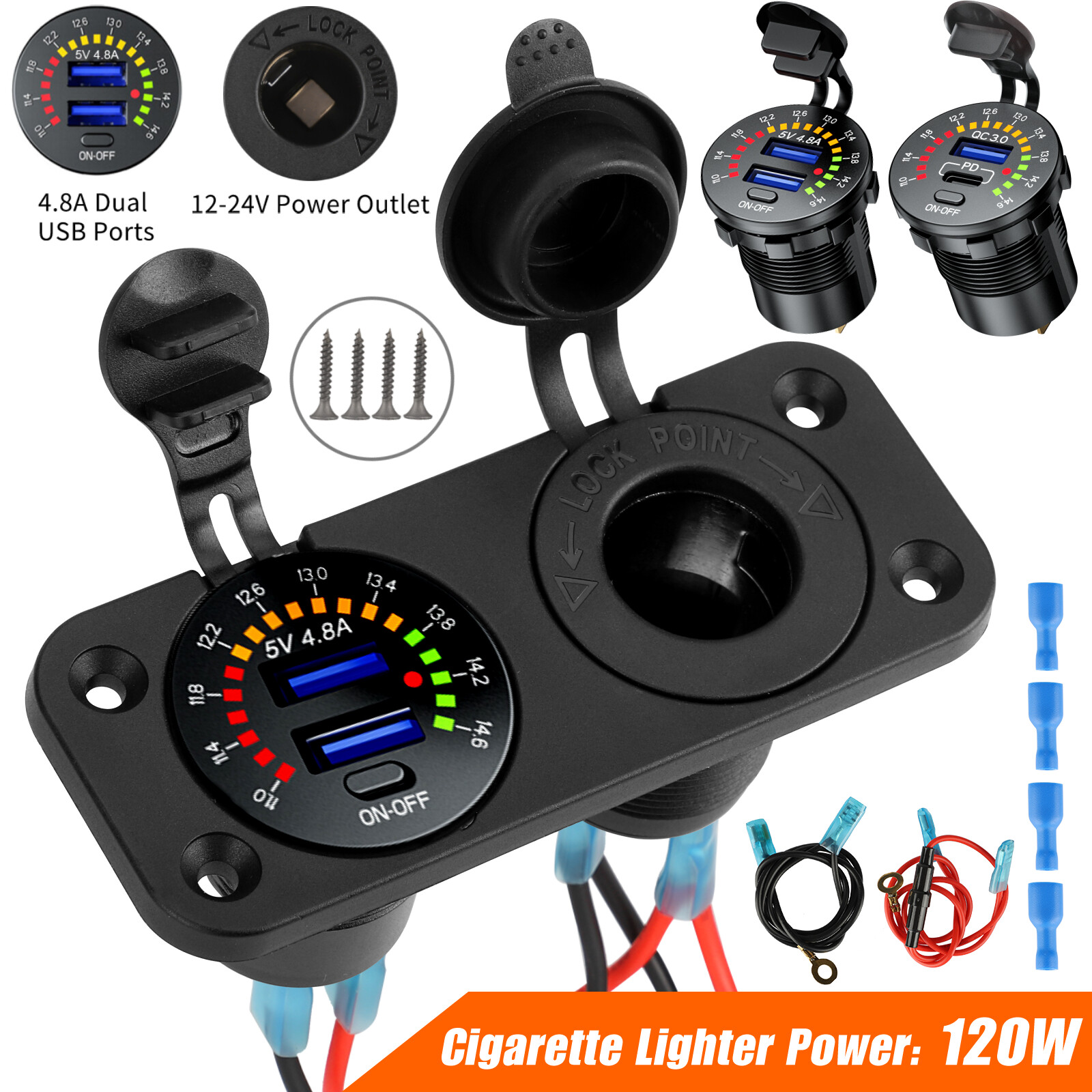 12V/24V Dual USB Car Fast Charger Socket Power Outlet Voltmeter Boat Marine RV