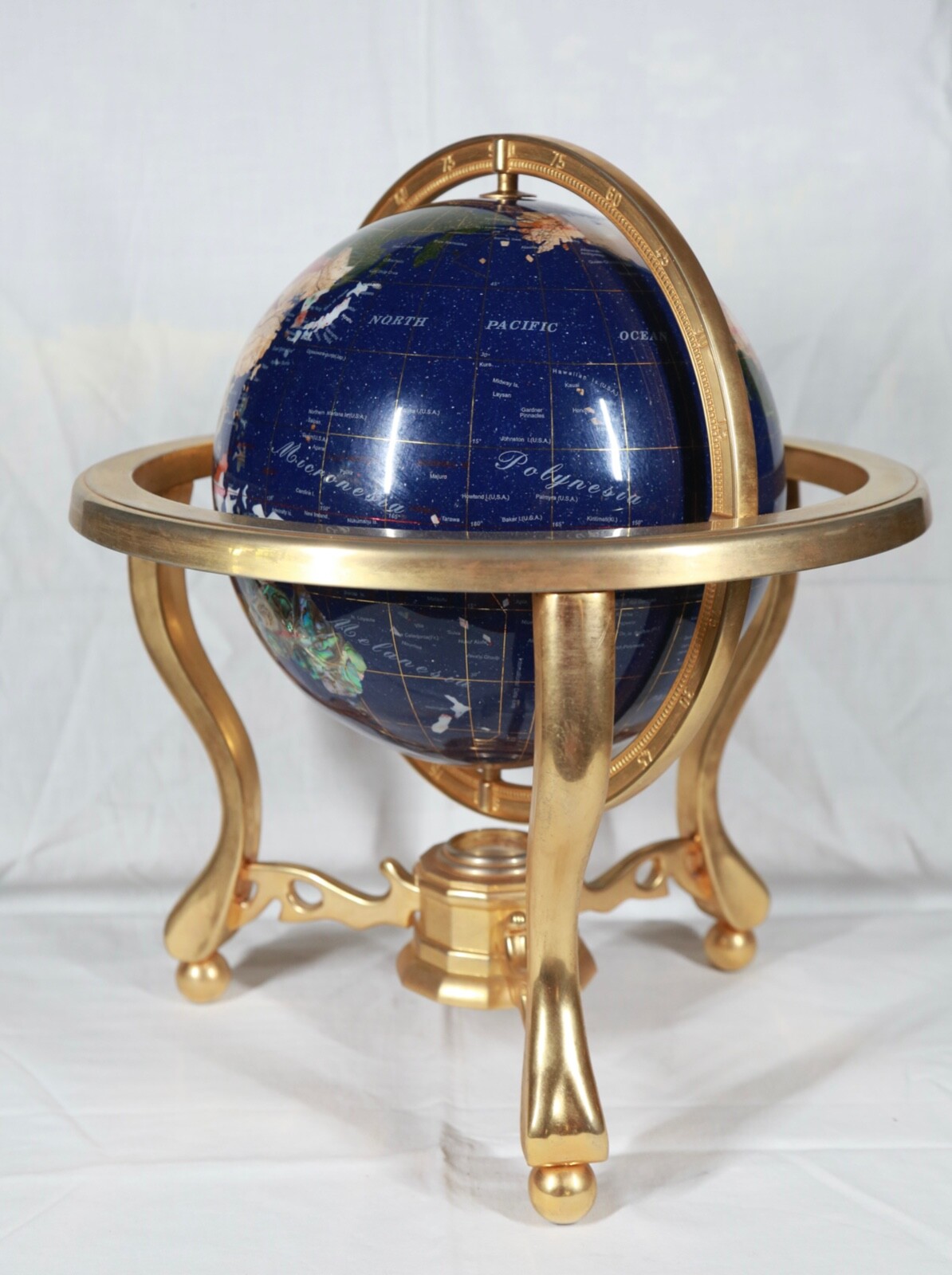UNIQUE ARTS 9" INLAID STONE BLUE LAPIS GLOBE IN 14" TALL BRASS GYROSCOPIC MOUNT