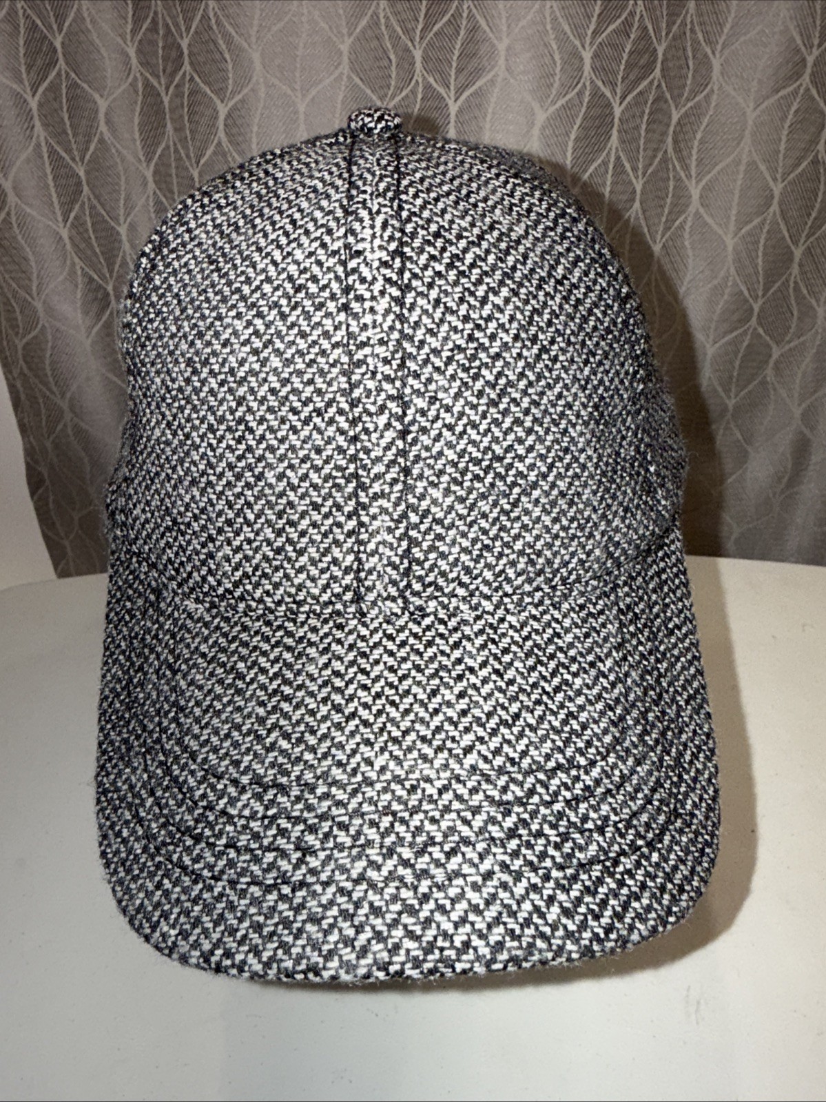 Tweed Black White Look Fabric on 6 panel Hat Cap Hook Loop EUC