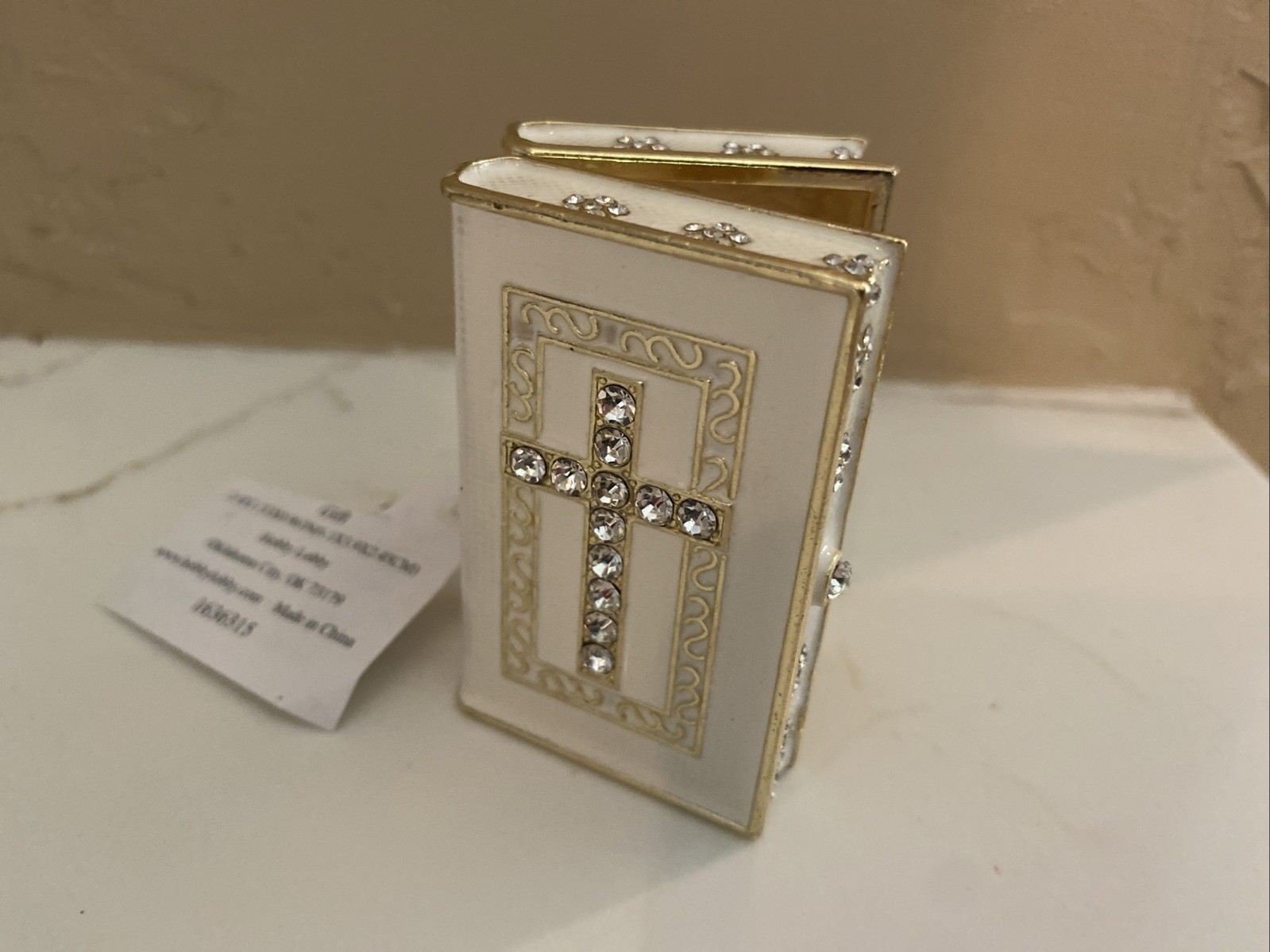 White Bible Rhinestones & Gold Trim Jewelry Trinket Box # 1636315 religious