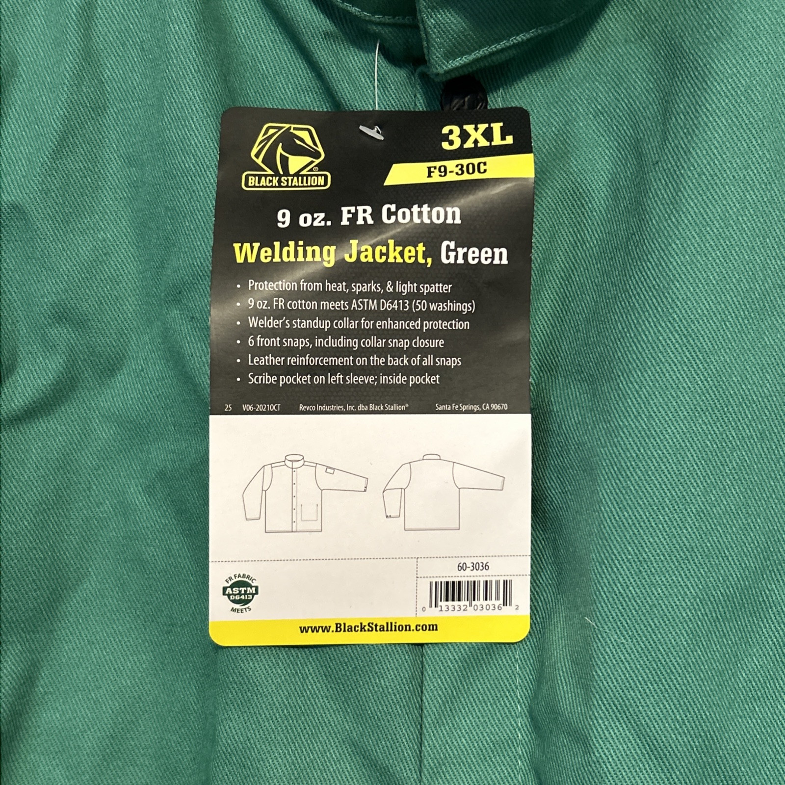 F9-30C Black Stallion TruGuard™ 200 FR Cotton Welding Jacket Green Unisex 3XL