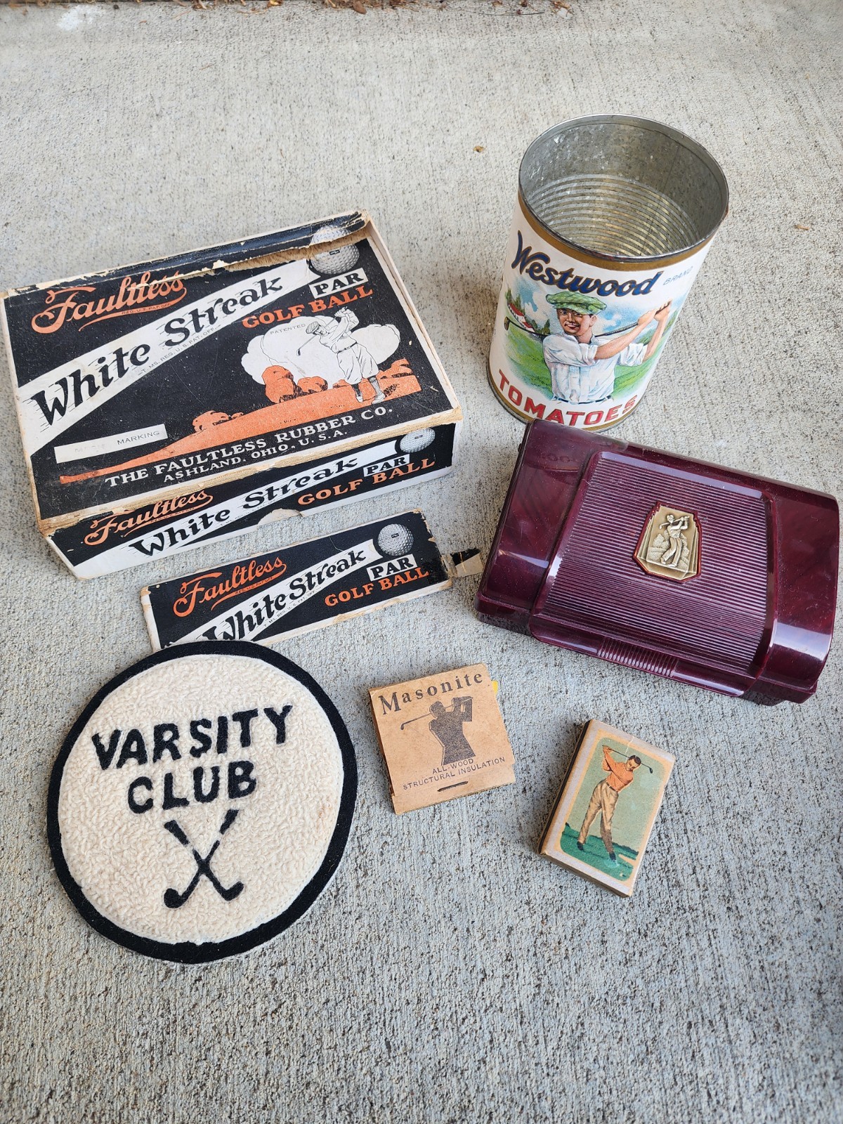 Lot of Vintage 1930's? Wooden Golf Tees, Box, Tin, Varsity Patch, Case & More