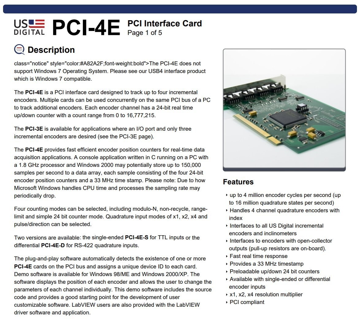 US Digital PCI-4E-S PC-Encoder PCI Interface Card Single Ended TTL Inputs