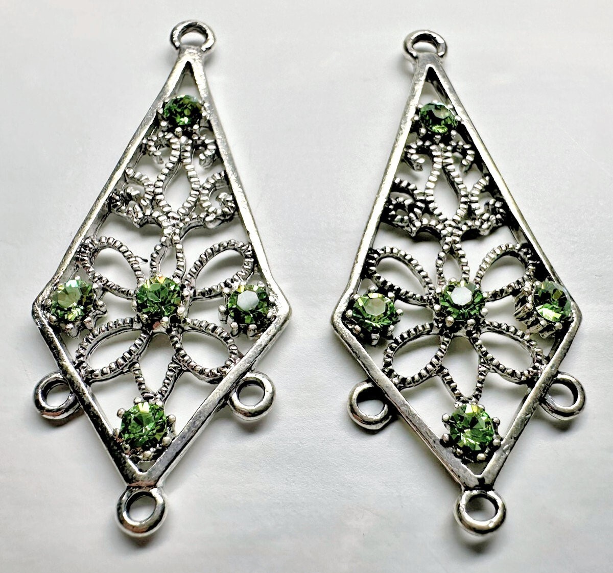 Focal, 2 Antiqued Silver Pewter Earring Kites with Swarovski Peridot Crystals *