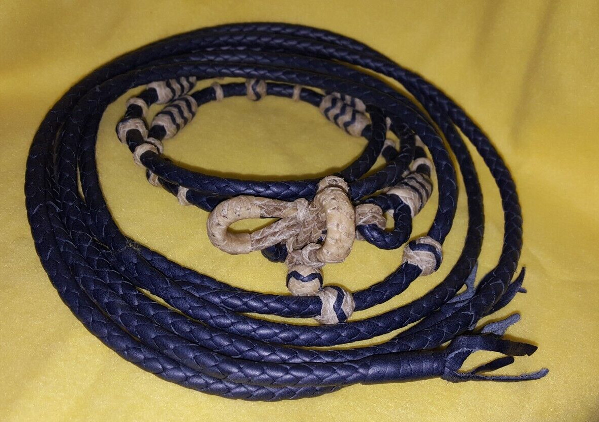 Split Reins w/Rawhide Connectors Blue Latigo w/Rawhide Details-8 ft., 6 plaits