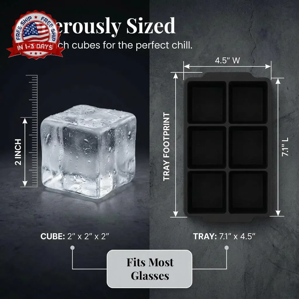 KitchFort Large Silicone Ice Cube Tray (2-Pack), Easy Release 2" Big Ice Cubes -